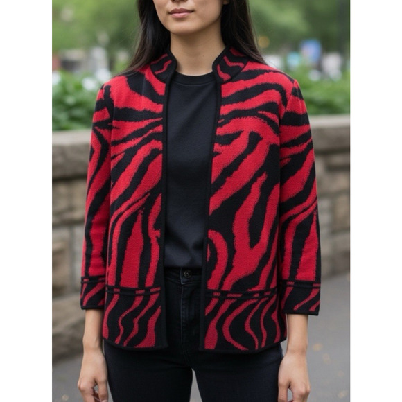 Ming Wang Open Front Knit Cardigan Jacket Red & Black Animal Print Tiger PM - Picture 3 of 16